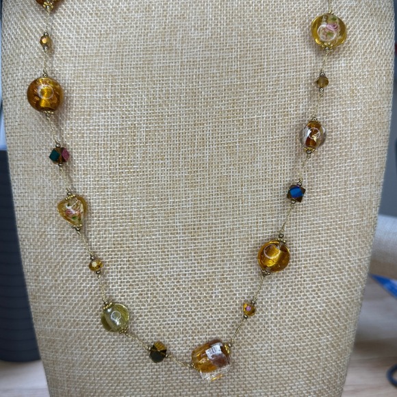 Jewelry - Vintage Bohemian Venetian Lampwork Art Glass Floral Foil Bead Necklace Amber